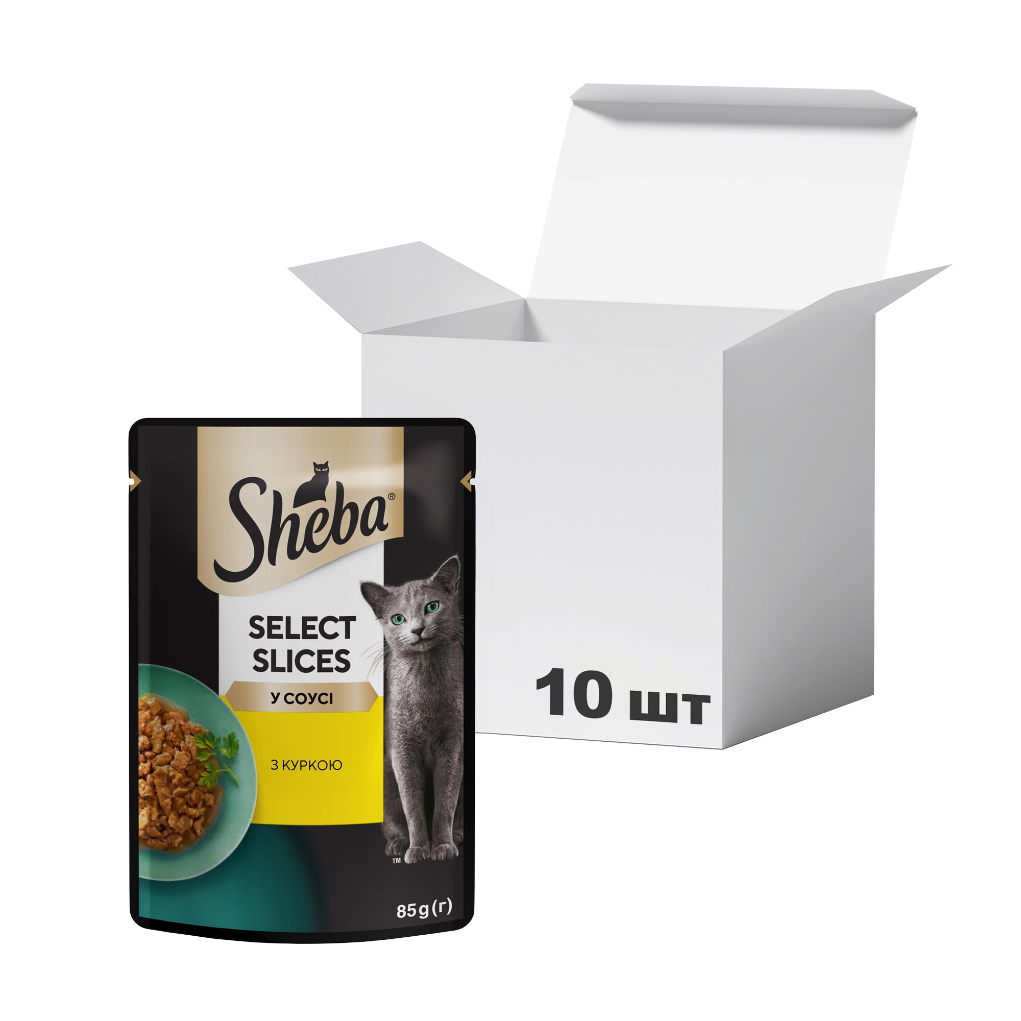 Упаковка вологого корму для кішок Sheba Select Slices у соусі, з куркою, 85 г * 10 шт